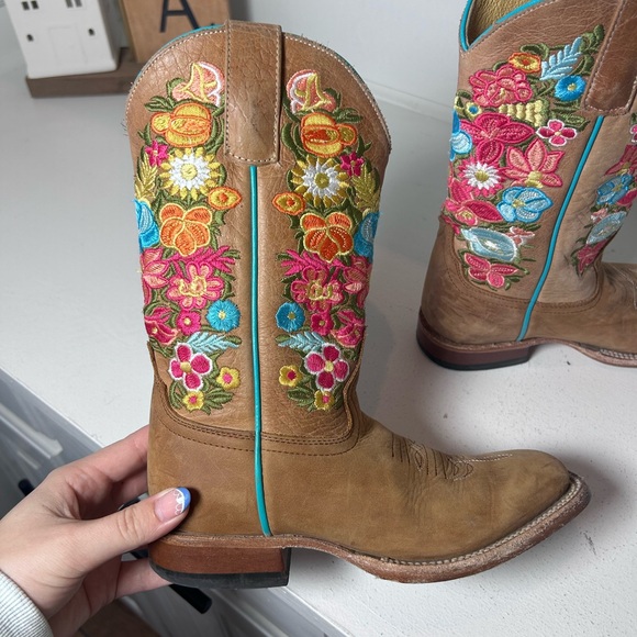 Macie Bean Girls Western Boots Size 2 Floral Embroidered Leather Cowgirl Boots - Picture 6 of 8